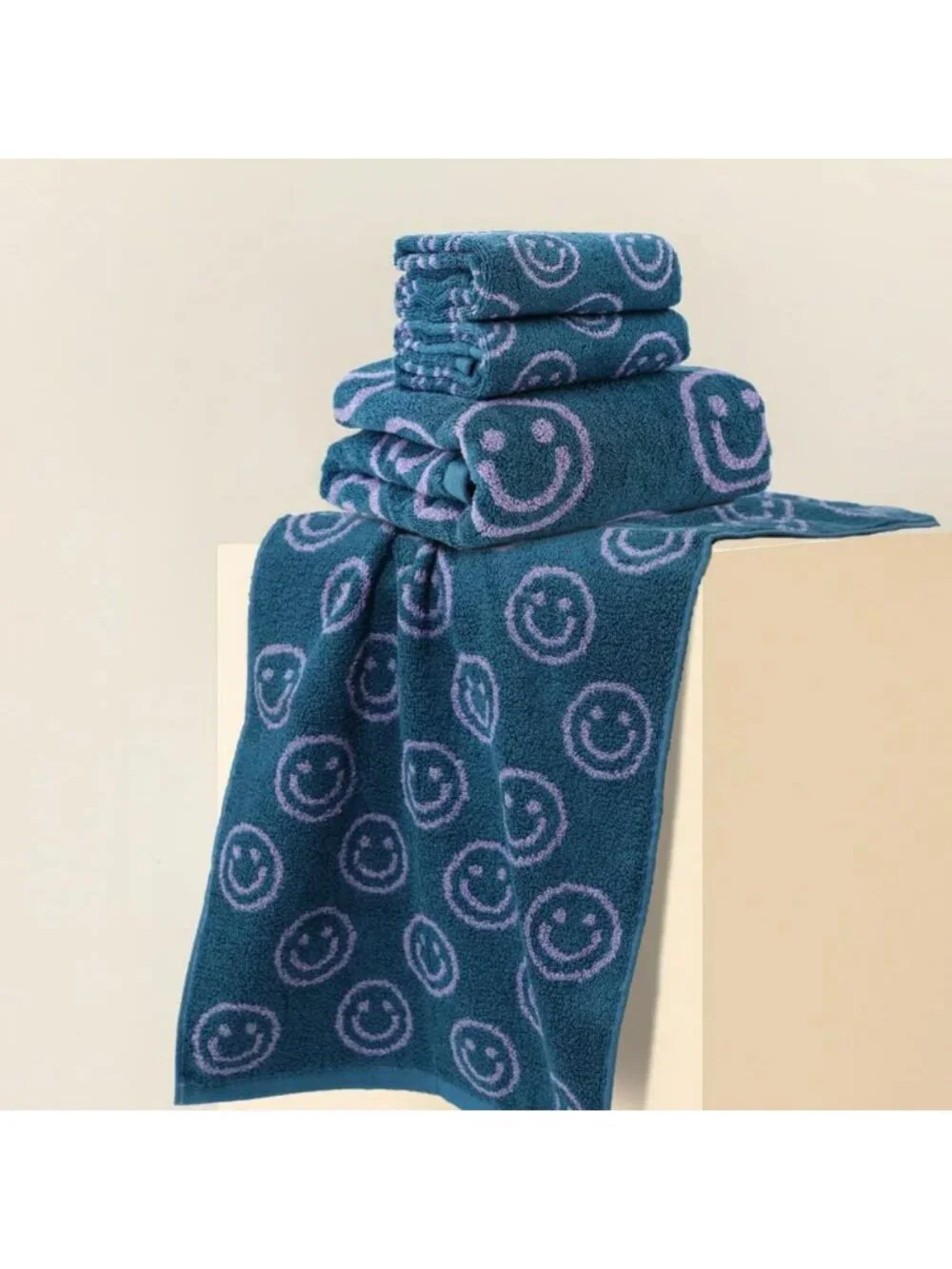 Soft 100% Cotton Luxury Smiley Face Bath Towel Set - Purple & Green Washcloths